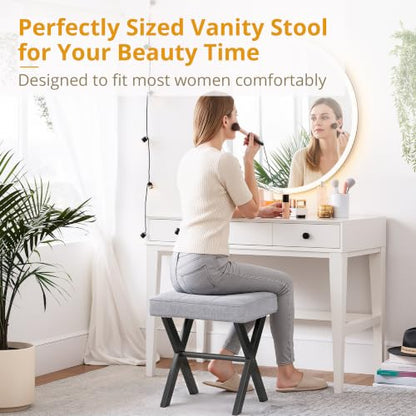 LUE BONA Vanity Stool - Square Linen Makeup Seat With Metal X Legs, Small Ottoman Chair for Makeup Room, Living Room, Bathroom - Modern Padded Foot Rest, Dark Gray - color: Dark Gray
