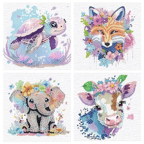PERFECTSIGHT Cute 5D Diamond Art Kits, Kawaii DIY Painting Art for Adults Teen, 4 Pack Diamond Arts and Crafts Sets, Big Gem Full Drill Diamond Dots for Women (Turtle+Fox+Cow+Elephant) - style: Turtle+Fox+Cow+Elephant