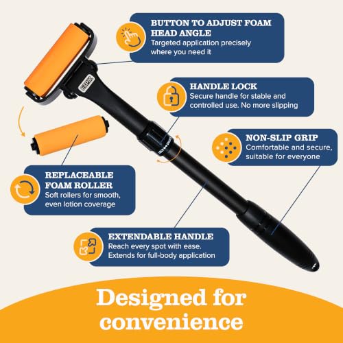 EZPIK Lotion Applicator for Back with 2 Replacement Foam Rollers, Extendable up to 23" - Curved Back Lotion Applicator for Elderly & Seniors with Limited Mobility, Body Cream & Sunscreen Applicator