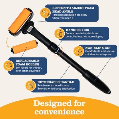 EZPIK Lotion Applicator for Back with 2 Replacement Foam Rollers, Extendable up to 23" - Curved Back Lotion Applicator for Elderly & Seniors with Limited Mobility, Body Cream & Sunscreen Applicator