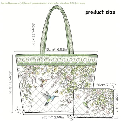 Quilted Tote Bag 2 Pack, Women's Tote Handbags for Work Travel - color: Mint Hummingbird Bronze