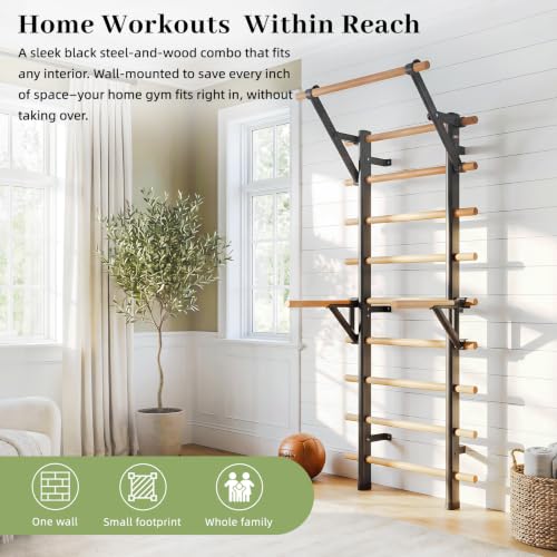 DHT Wood Stall Bar, Swedish Ladder Suspension Trainer with 9 Strategic Rods, for Home, Gym, School and Clinics, Black - color: WA2