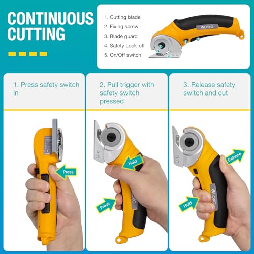 VLOXO Cordless Electric Scissors 4.2V Electric Cutter with Safety Lock | Electric Box Cutter for Cardboard Multi-Cutting Tools Lightweight Left-Right Grip for Carpet Felt Plastic with Storage Box