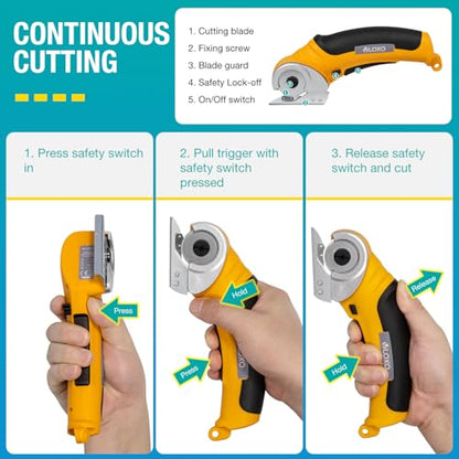 VLOXO Cordless Electric Scissors 4.2V Electric Cutter with Safety Lock | Electric Box Cutter for Cardboard Multi-Cutting Tools Lightweight Left-Right Grip for Carpet Felt Plastic with Storage Box