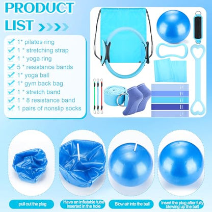 RoundFunny Pilates Ring Circle Set 18 Pcs Exercise Equipment Accessories for Women Workouts Pilates Ball Stretching Strap Magic Circle Yoga Ring Gym Back Bag Resistance Band Anti Slip Socks - color: Blue