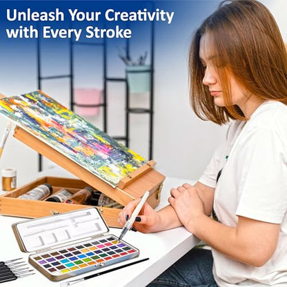 Professional Watercolor Paint Set - 50 Colors Metal Case Kit | Includes 6 detail brushes, water brush pen, nylon brush, sponge, swatch sheet, and supplies for adults, artists & students - style: Set of 50 colors