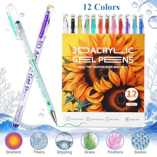 Coloring Kit Acrylic Gel Pens Set with Coloring Book 1.0 mm Medium Tip Gel Pens 12 Color with 18 Ocean Color Pattern 3D Acrylic Paint Pen for Adult Drawing Journaling Art Supplies Gift