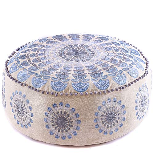 Large Round Floor Pillow Cover Blue Indian Décorative Accent Meditation Cushion Perfect for Living Room, Bedroom, Nursary or Children Room Seating Area Stool Footstool Pouf Ottoman 24x8 Unstuffed - color: Blue Peacock, style: Pouf Cover