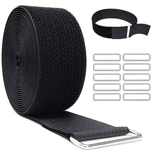 YMCRLUX 2" x32ft Reusable Cinch Strap with 20 Metal Buckles, Cut-to-Length Fastening Securing Straps, Adjustable Nylon Cable Straps and Cord Ties for Organizer or Storage, 2 inch Wide, Black - size: 2in x 32ft Black