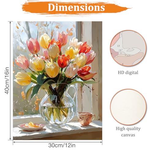MAXBYE Flower Paint by Numbers Kit for Adults, Tulips Paint by Numbers Kits for Beginner, DIY Acrylic Color by Number on Canvas for Home Wall Decor Gift 12X16 Inch - color: Tulips