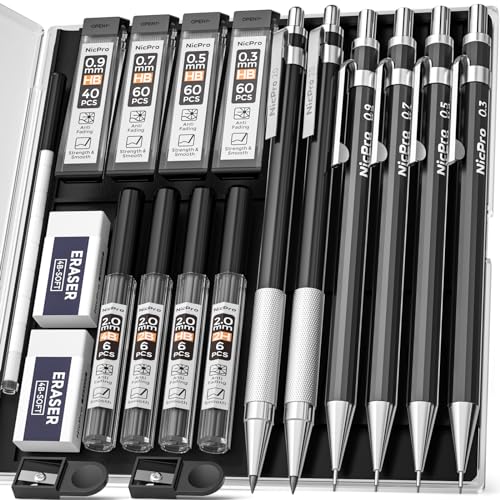 Nicpro 6 PCS Art Mechanical Pencil Set, Black Metal Drafting Pencil 0.3, 0.5, 0.7, 0.9 mm & 2PCS 2mm Graphite Lead Holder(4B 2B HB 2H) For Writing Sketching Drawing With 8 Lead Refills Eraser Case - color: Black