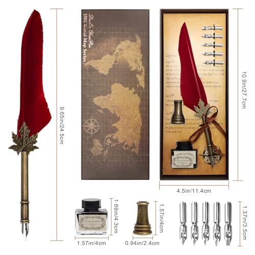 AHIER Quill Pen and Ink Set, Feather Pen Quill Pen Set Includes 5 Steel Replacement Nibs,Pen Nib Base and Dip Ink Bottle for Antique Calligraphy (Red) - color: Red