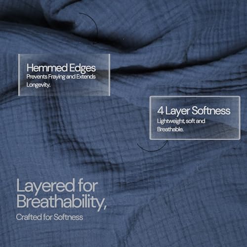 Salt Earth 100% Cotton Gauze 80"X90" Queen 4 Layered Blanket- Dress Blue | Premium Muslin Blanket for Couch,Bed,Living,Summer Lightweight, All Seasons Blankets & Throws, Boho,Travel & Skin Friendly - color: Dress Blue, size: 80"X90" Queen