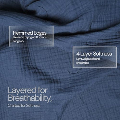 Salt Earth 100% Cotton Gauze 80"X90" Queen 4 Layered Blanket- Dress Blue - color: Dress Blue, size: 80"X90" Queen