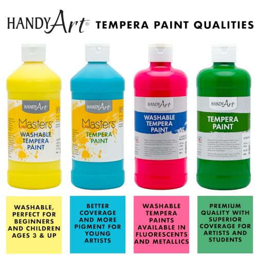 Handy Art Little Masters Tempera Paint, 16 oz Bottles, Set of 6 Colors, Bright & Mixable, Washable Colors for Classroom, Students, Kids, Young Artists, Safe & Non-Toxic, Made in USA