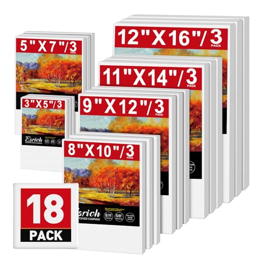 ESRICH Stretched Canvas for Painting,18 Multi Pack Blank Canvases for Painting 12x16, 11x14, 9x12, 8x10, 5x7, 3x5, Cotton Primed Painting Canvas for Oil, Acrylic Paint, for Beginners, Artists. - size: 18 Packs - 6 Sizes (3 of Each)
