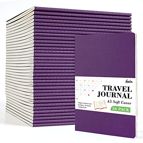 feela 36 Pack Soft Cover Journal Bulk, Lined Blank Travel Journal for Women Men Writing, Notebooks College Ruled for Work, Note Taking Notebook School Business Supplies, 8.2” x 5.5”, A5, Dark Purple - color: 36 Dark Purple