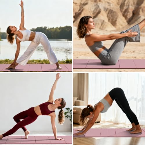 Foldable TPE Yoga Mat Thick 10mm,75" x40"Extra Large Exercise Mats | Stretch Mat Non-slip Fitness Folding Mat Easy to Carry,Wide Gym Mats for Women Men Suitable for Home Workout Travel Pilates - color: Pink