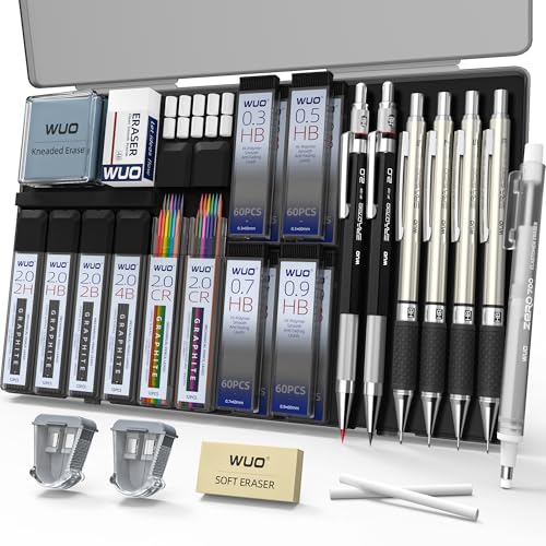 WUO 38PCS Art Mechanical Pencil Set with Storage Case, Metal Drawing Pencil | 0.3, 0.5, 0.7, 0.9 & 2PCS 2mm (2H HB 2B 4B Color) & 552 Lead Refills, 1 Eraser Pen, Artist Pencils for Sketching, Drafting - color: Black+Silver2 - 4 Sizes + 2.0mm