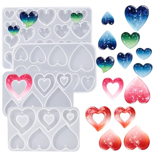 4PCSValentine's Day Heart Jewelry Silicone Mold Making Kit Ornament Silicone Mold for Casting Earring Epoxy UV Resin Keychain Cement Molds Hearts Chocolate Molds for Concrete Soap Keychain Craft Gummy