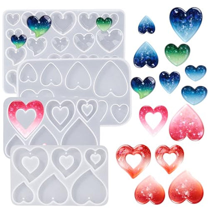 4PCSValentine's Day Heart Jewelry Silicone Mold Making Kit Ornament Silicone Mold for Casting Earring Epoxy UV Resin Keychain Cement Molds Hearts Chocolate Molds for Concrete Soap Keychain Craft Gummy