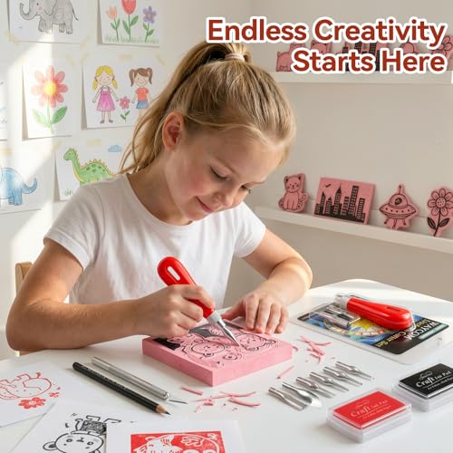WAYCOM 10-Pack Linoleum Blocks for Printmaking: Linocut kit with Tools & Ink - 4x6 Rubber Carving Blocks - Art Craft Supplies for Beginners & Hobbyists - Gifts for Christmas/Birthday/Art Enthusiast - color: 10 Rubber Blocks + Carving Tool Kit