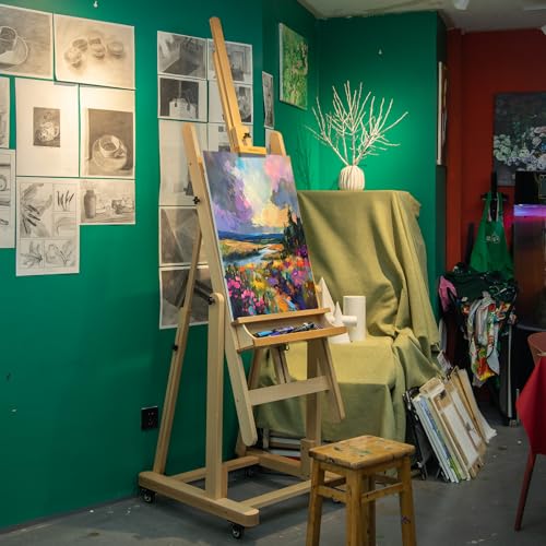 Falling in Art Extra Large H-Frame Studio Easel with Storage Tray (Natural) | Solid Beechwood Artist Easel , Adjustable Canvas Holder Stand with Rolling Wheels for Painting Adult - style: Studio Easel Natural