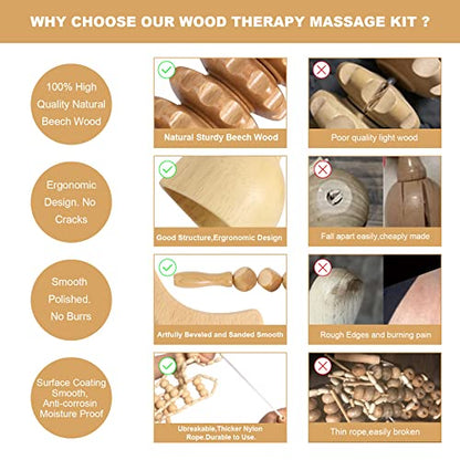 Wood Therapy Massage Tools Maderoterapia Kit Body Sculpting Tools for Lymphatic Drainage and Anti-Cellulite .Wood Massager Roller Rpoe for Back and Muscle Pain Relief (Medium)