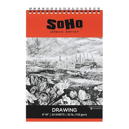 SoHo Urban Artist Softcover Drawing Pad - 6"x8", 12 Pack w/288 Sheets Total - 92 lbs/150gsm, Mixed Media, Dual-Sided, Acid-Free, Wire-Bound, Micro-Perforated, Repeated Erasing & Reworking - size: 6"x8"