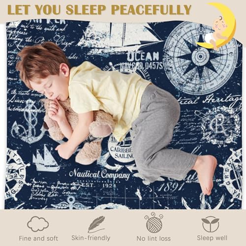 Nautical Navy Blue Blanket, Anchor Compass Soft Lightweight Throw Blanket for Sofa Couch Bed Room 50x60 inch - color: Nautical