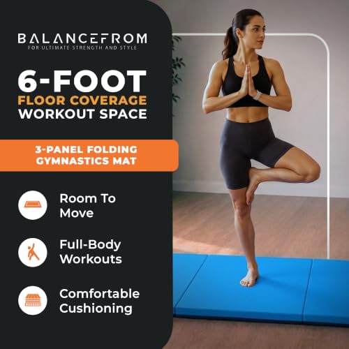 BalanceFrom 6x2 Feet 3-Panel Folding Gymnastics Mat – 2-Inch Thick Pad with Vinyl Surface and Carrying Handles for Tumbling, Yoga, Pilates, Home Workouts, and Martial Arts - color: Blue