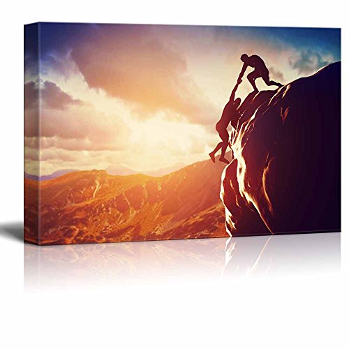 Canvas Prints Wall Art - Hikers Climbing on Rock Mountain at Sunset | Modern Home Deoration/Wall Art Giclee Printing Wrapped Canvas Art Ready to Hang - 12" x 18" - color: Hikers, size: 18"L x 12"W