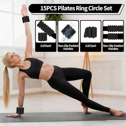 DICYWUDI Pilates Essentials Kit for Home Women, Pilates Equipment for Workouts, 6 Fabric Resistance Bands, 12 Inch Magic Circle Yoga Ring, Mini Exercise Ball, Great Exercise Equipment - color: 15pcs Black set