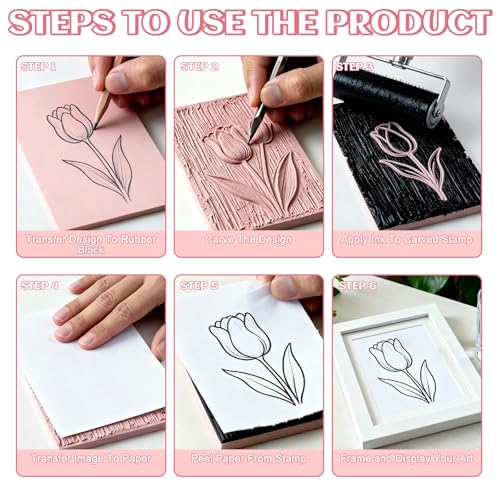 4 PCs 4x6 Inch Linoleum Blocks for Printmaking, Stamp Carving & DIY Linocut | Pink Rubber Stamp, Soft 0.8cm thick, Smooth, clean cuts, Beginner-friendly; For cards, fabric & classroom art
