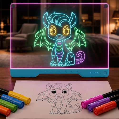 Upgraded 16-Inch LED Drawing Board Rechargeable – 7 Colors, 10 Lighting Effects, Adjustable Brightness – Acrylic Light Board for Tracing with Stand, Markers & Complete Set – Birthday Gift Idea (Blue) - style: Blue