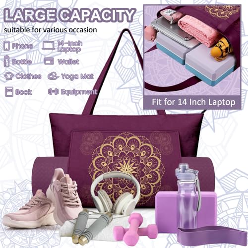 Yoga Bag for Women, Large Canvas Yoga Mat Tote Bag with Yoga Mat Carrier - color: Purple Mandala