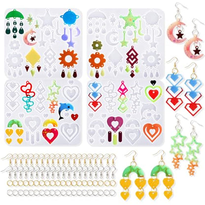 4 PCS Earring Resin Molds Multi Layer for DIY Pendant Keychain Earrings | Flexible, Easy to Release Resin Earrings Mold with 40 Earring Hooks