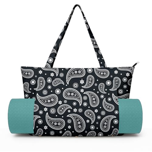 Yoga Bag for Women, Large Canvas Yoga Mat Tote Bag with Yoga Mat Carrier | Large Mat Pocket Fitness Tote for Pilates, Gym, Travel, Office & Beach - color: Black Paisley