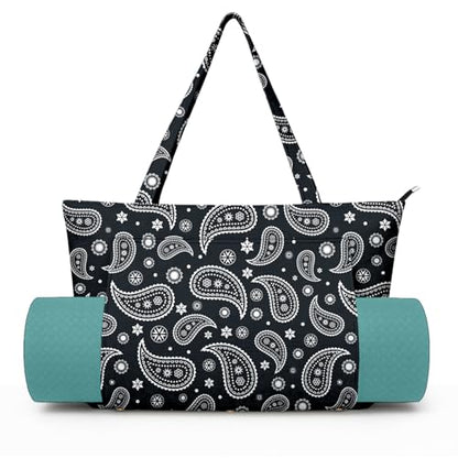Yoga Bag for Women, Large Canvas Yoga Mat Tote Bag with Yoga Mat Carrier | Large Mat Pocket Fitness Tote for Pilates, Gym, Travel, Office & Beach - color: Black Paisley