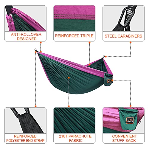 AnorTrek Camping Hammock, Super Lightweight Portable Parachute Hammock with Two Tree Straps Single or Double Nylon Travel Tree Hammocks for Camping Backpacking Hiking - color: Dark Green&fuchsia, size: Single 110''L x 55''W