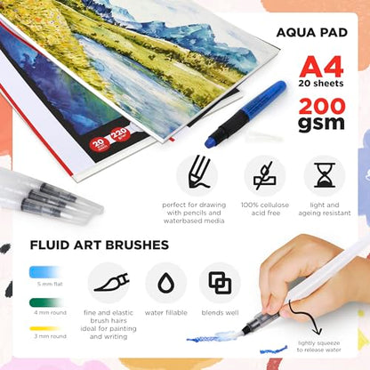 Marabu Mixed Media Drawing Set - 20 Sheets Watercolor Paper, 12 Watercolor Pencils with 10 Watercolor Crayons and Water-Fillable Brush Set - The Ultimate Landscape Adventure