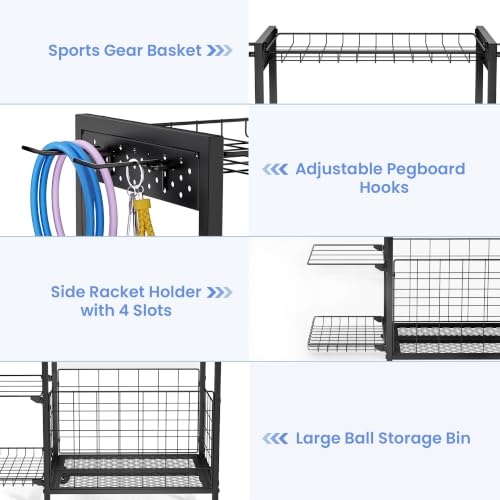 Garage Ball Storage Sports Equipment Organizer with Bat Rack
