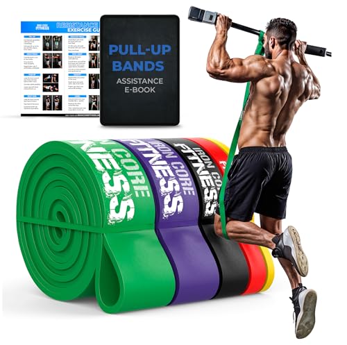Pull Up Assistance Resistance Bands - Long Loop Power Bands for Men and Women - Strength Power Flexibility Training at Home & Gym - Ebooks & Workout Chart Included by Iron Core Fitness - color: #1 Green, Purple, Black, Red, Yellow - 5 Set