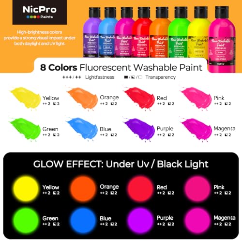 Nicpro 8 Colors Fluorescent Large Washable Paint Set for Kid (8.45 oz) | Glow in Black Light, Non Toxic Neon Tempera Paints for Art, Craft DIY, Poster & Finger Paint, School, Home, Classroom, Party - color: 8 Colors, size: 8.45 Fl Oz (Pack of 8)