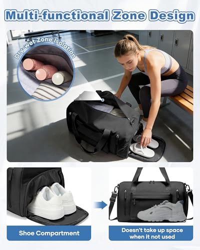Gym Bag for Women with Shoes Compartment Travel Duffel Bag Black - color: J1-Black