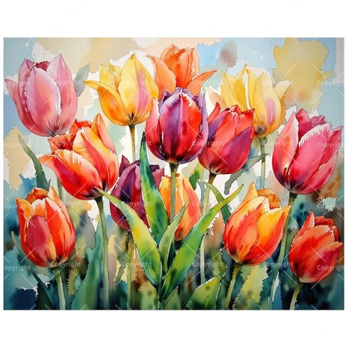 Floral Art Paint by Numbers Kit for Adults - DIY Colorful Tulips Painting on Canvas 16x20 Inches, Acrylic Paint Set, Suitable for Beginners, Garden Art for Home Decoration or Gifts. - color: HSX00060, size: 16X20IN Folded