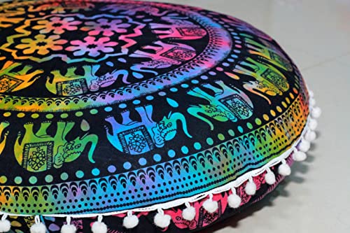 ICC Large Boho Ottoman Cover Pillowcase for Couch Floor Pillows & Cushion Covers Decorative Bohemian Hippie Mandala Pouf Pillow Cover Seating Meditation Cushion Cover (UP hathi, 32" Round) - size: 32" x 32" (Pack of 1), style: UP hathi