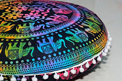 ICC Large Boho Ottoman Cover Pillowcase for Couch Floor Pillows & Cushion Covers Decorative Bohemian Hippie Mandala Pouf Pillow Cover Seating Meditation Cushion Cover (UP hathi, 32" Round) - size: 32" x 32" (Pack of 1), style: UP hathi
