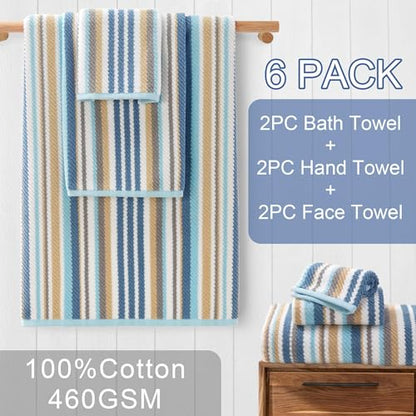 VOOVA & MOVAS Striped Towels 6 Pack, 100% Cotton, Blue Gray Beige - color: Blue + Gray + Beige Striped, size: 6 PCS Bathroom Towels
