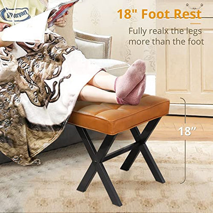 LUE BONA Vanity Stool, Faux Leather X-Leg Foot Stool, Small Ottoman Makeup Stool Chair for Vanity, Modern Padded Foot Rest Vanity Seat for Makeup Room, Bathroom, Whiskey Brown - color: Whiskey Brown